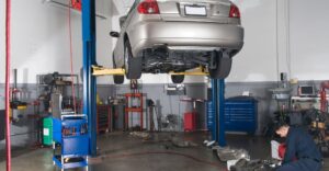 wide view of a car on a lift