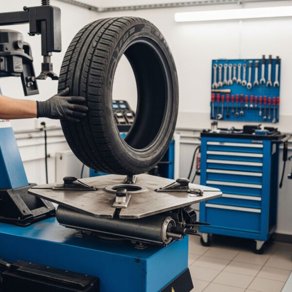 A tire being mounted onto a tire changer machine in a workshop.
