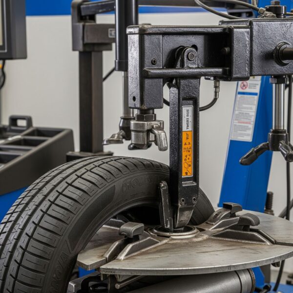 The bead breaker arm of a tire changer pressing on a tire's sidewall