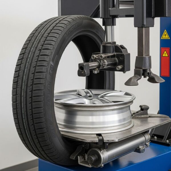 A new tire being installed onto a rim with a tire changer machine.