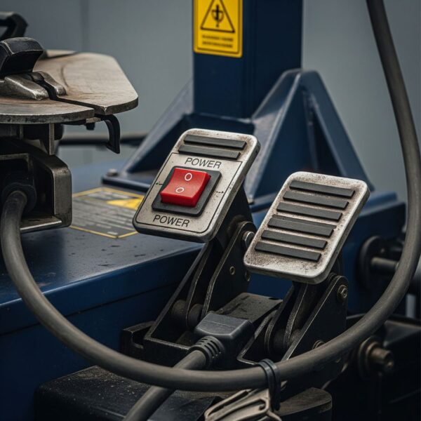 Close-up of the power controls and foot pedals on a tire machine