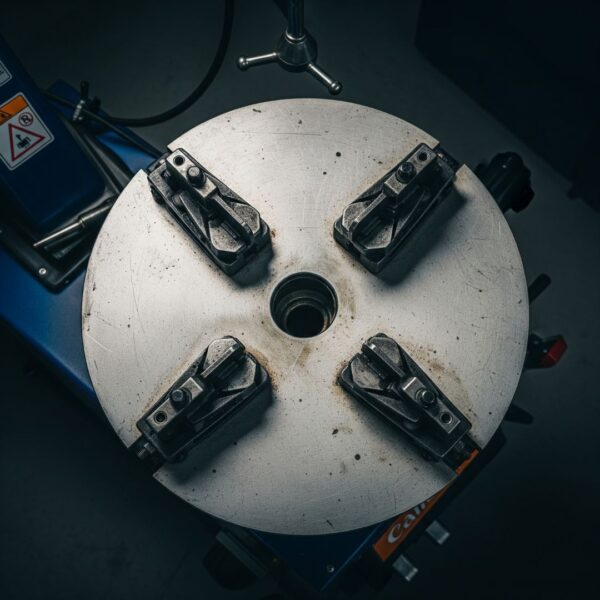The turntable and clamps of a tire changer viewed from directly above