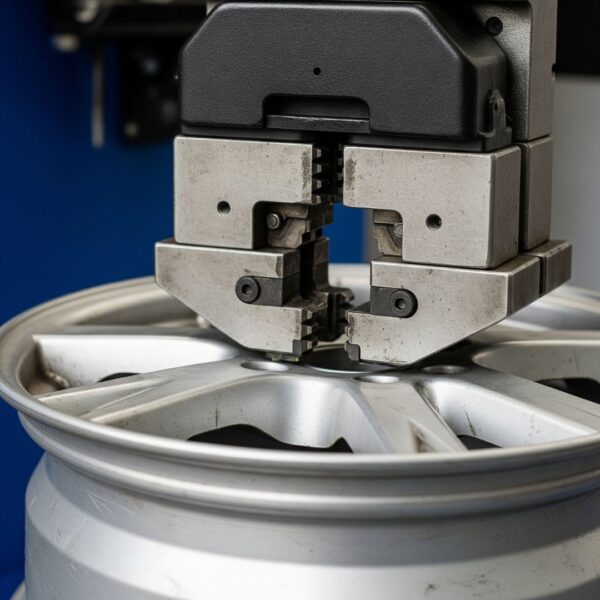 A close-up of clamps on a tire machine holding a vehicle's rim tightly
