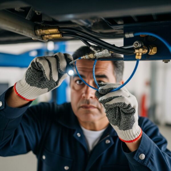 A detailed view of a car lift's hydraulic system during an inspection