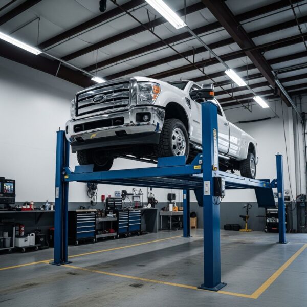 A heavy-duty truck on a car lift, illustrating the importance of weight capacity