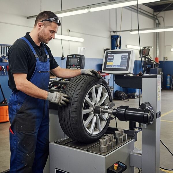 auto technician balancing a tire