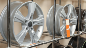 Car tires on display