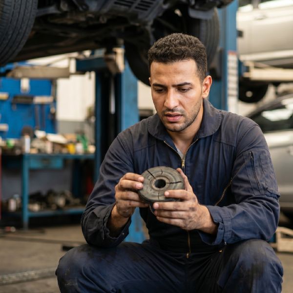 man looking at car lift part