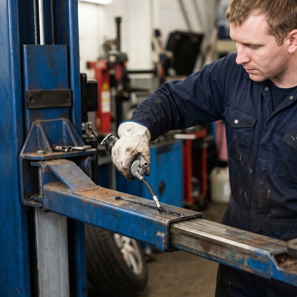 man looking at car lift and doing maintenance