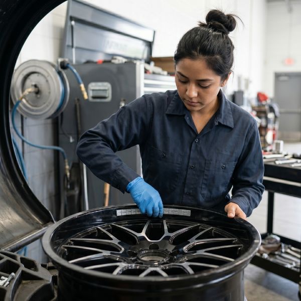 woman and wheel balancer