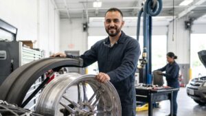 man with wheel balancer