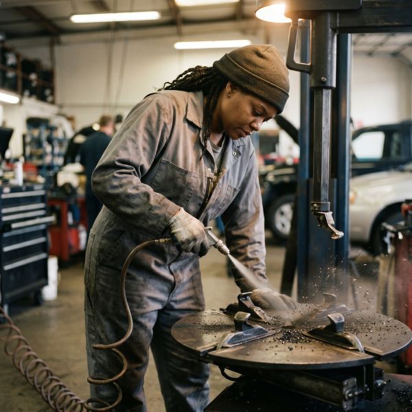 woman removing debris from tire changer