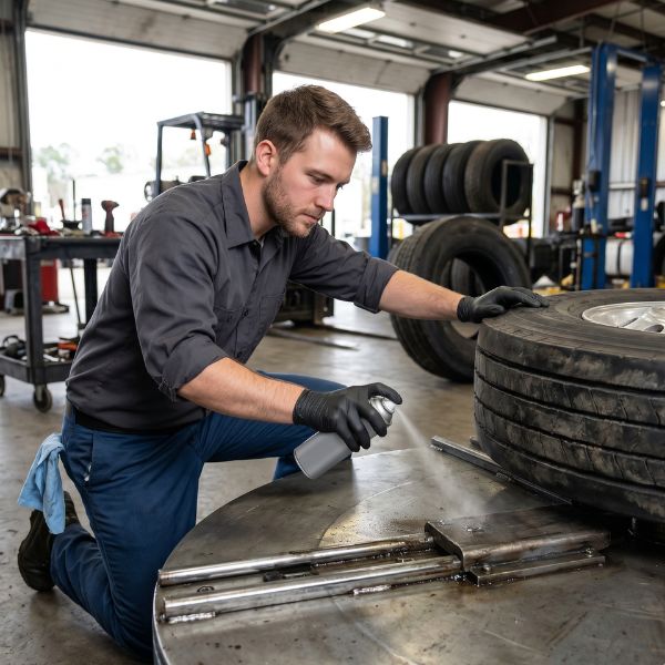 man lubricating tire changer
