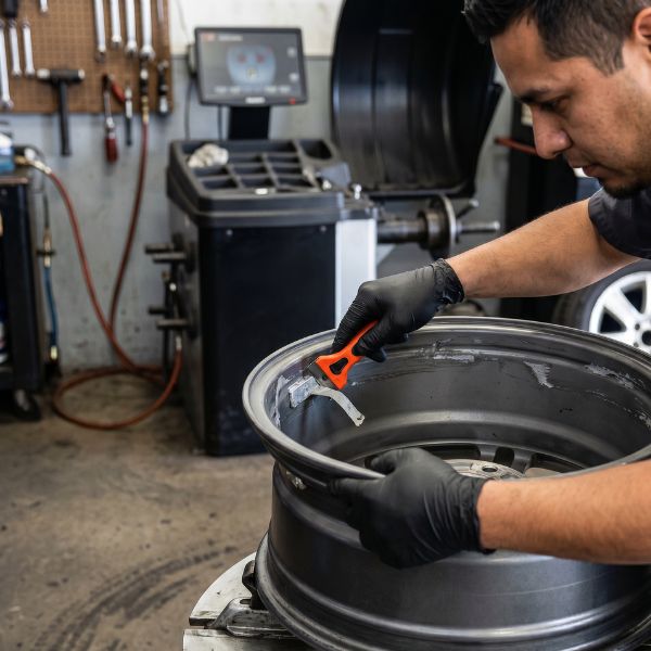 man cleaning wheel before balancing