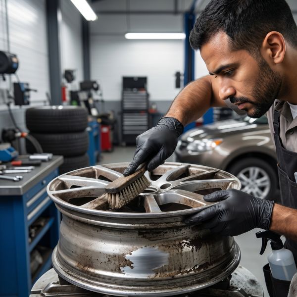 man cleaning wheel before balancing