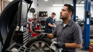 man cleaning wheel before balancing